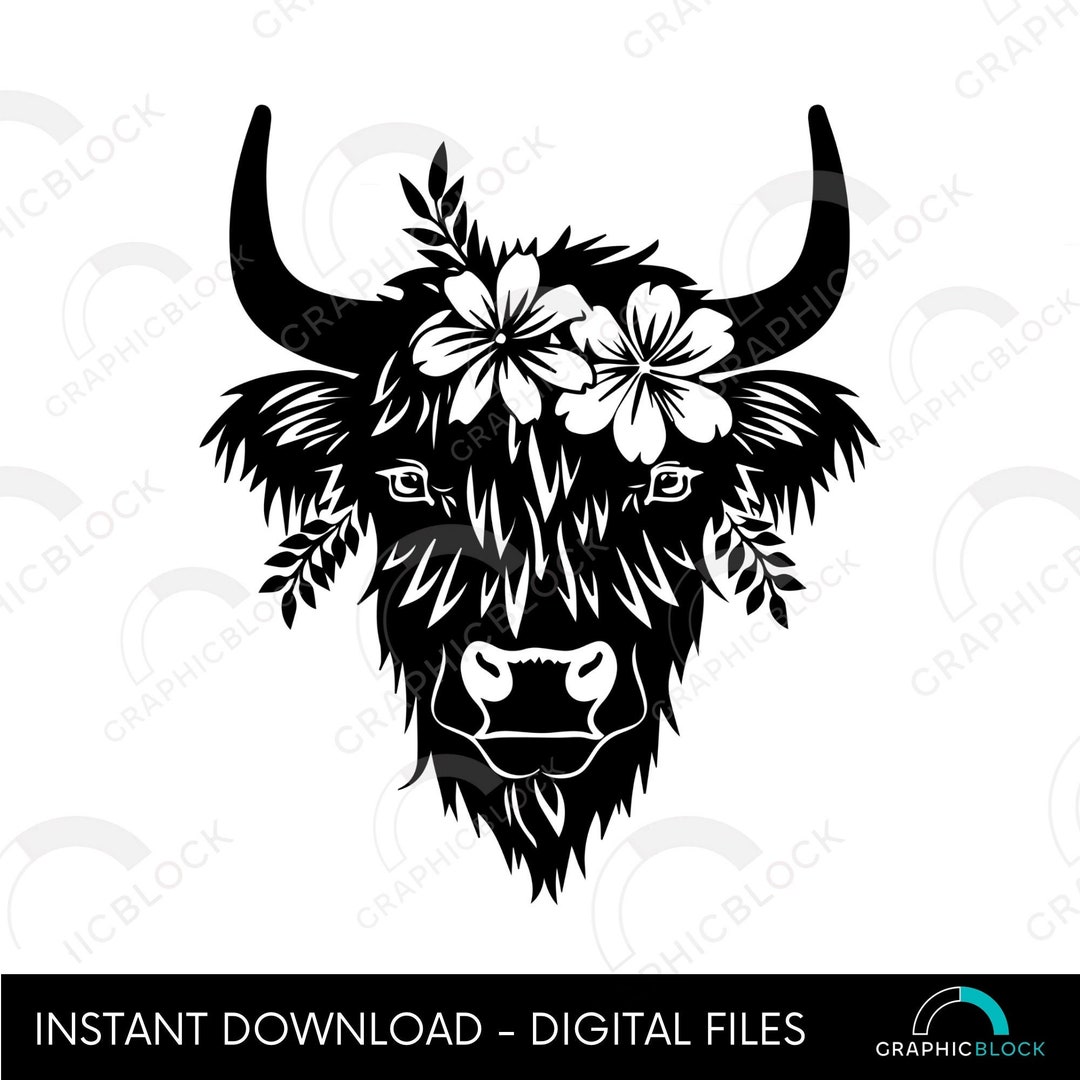 Floral Highland Cow SVG, Flower Cow Head Cut File for Silhouette Studio ...