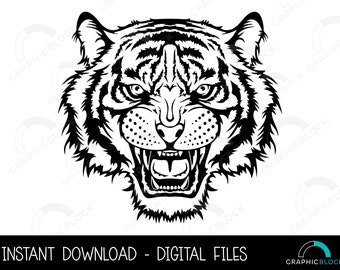 Tijger hoofd SVG #4, boos gezicht PNG, wilde kat vector, Cricut gesneden bestand, silhouet Eps Dxf, Tiger stencil clip art overzicht, digitale download