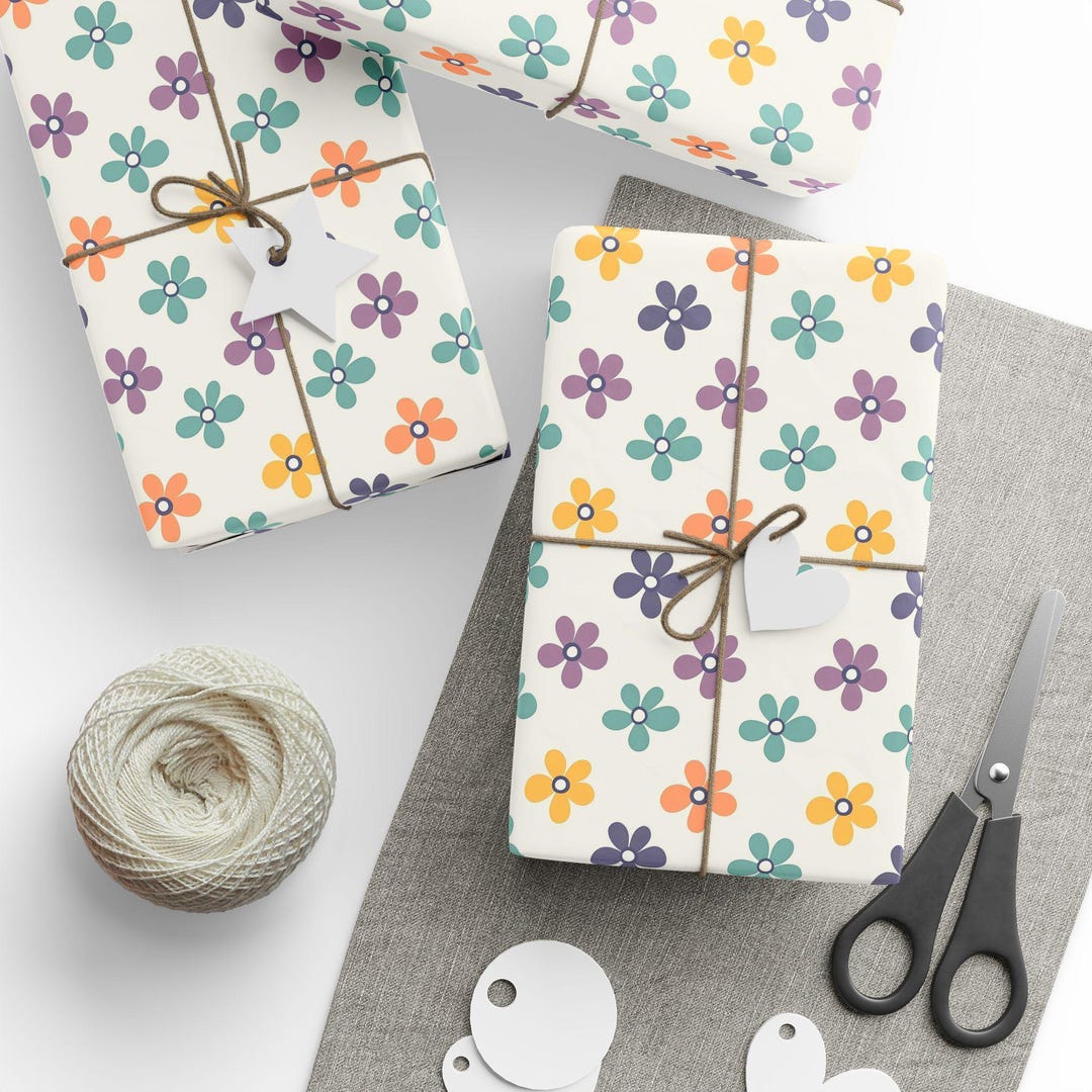 Colorful Groovy Flower Wrapping Paper, Retro Floral Gift Wrap, Cute ...