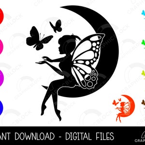 Mond Fee SVG, Schmetterling Fee PNG, Crescent Moon Vektor Cutting-Datei Cricut, Celestial Fantasy Silhouette Pdf Eps Dxf, digitaler Download