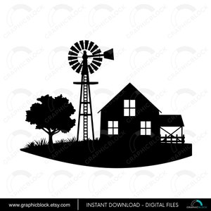 May include: A black and white silhouette of a farm scene. The image features a house, a windmill, a tree, and grass. The text at the bottom reads "www.graphicblock.etsy.com" and "INSTANT DOWNLOAD - DIGITAL FILES".
