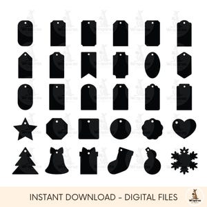 May include: A collection of black gift tags in various shapes, including rectangles, ovals, and hearts. The tags have a hole at the top for stringing. The phrase "INSTANT DOWNLOAD - DIGITAL FILES" is printed at the bottom.