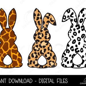 May include: Three Easter bunny silhouettes with different animal print patterns: giraffe, leopard, and dalmatian. The bunnies are facing forward with their ears up.