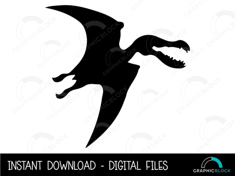 May include: Black silhouette of a pterodactyl flying with its mouth open, showing sharp teeth.