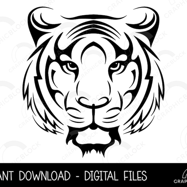 Tiger Head SVG #6, Angry Face PNG, Wild Cat Vector, Cricut Cut File, Silhouette Eps Dxf, Tiger Stencil Clip Art Outline, Digital Download