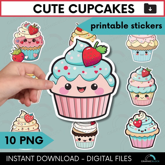 Cute Cupcake PNG Stickers, Kawaii Cupcake PNG Printable Sticker Pack,  Birthday Cake Dessert Clipart Bundle, Instant Digital Sticker Download 