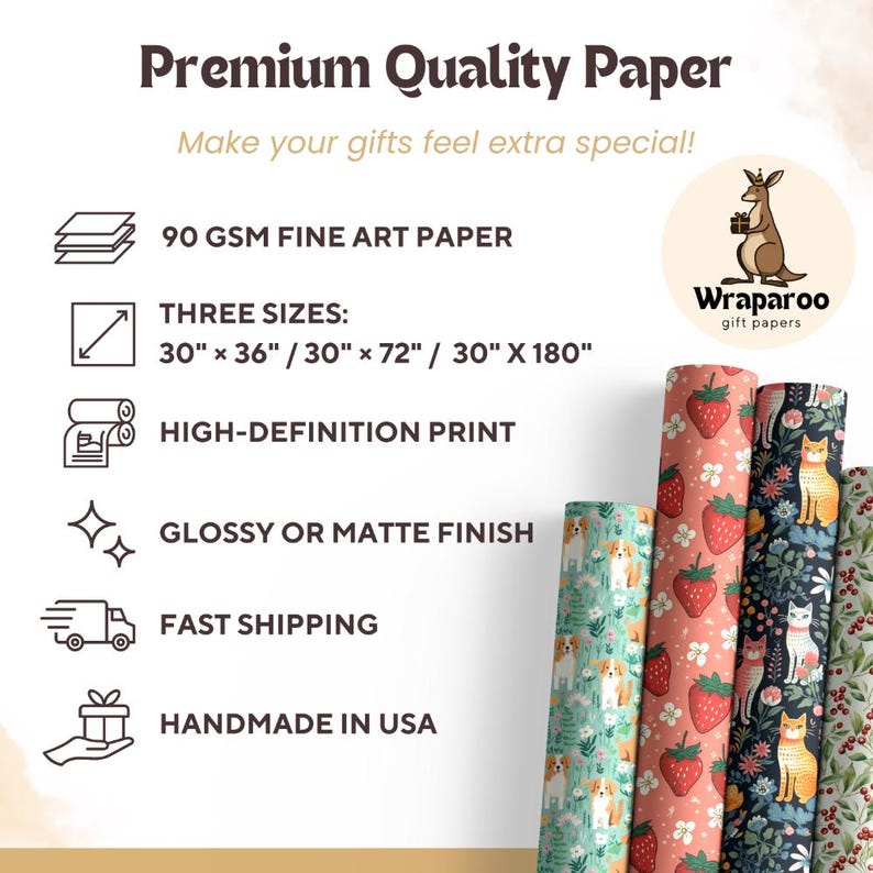 Premium Quality Wrapping Paper, Cute Cat Design Gift Wrap, High-Definition Print, Cool Animal Decorative Paper, Handmade in USA