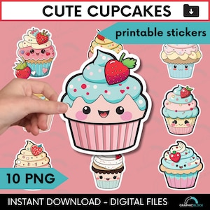 Süße Cupcake PNG Sticker, Kawaii Cupcake PNG druckbare Sticker Pack, Geburtstag Kuchen Dessert Clipart Bundle, sofortiger digitaler Sticker Download