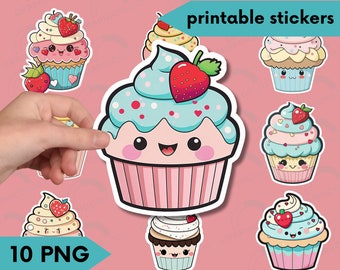 Cute Cupcake PNG Stickers, Kawaii Cupcake PNG Printable Sticker Pack, Birthday Cake Dessert Clipart Bundle, Instant Digital Sticker Download