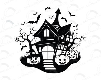 Haunted House SVG, Witch House PNG Pumpkins, Gnarled Trees, Cricut & Silhouette Cut Files, Halloween Home Decor, Instant Digital Download