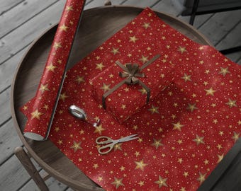 Starry Night Wrapping Paper, Red & Gold Celestial Gift Wrap
