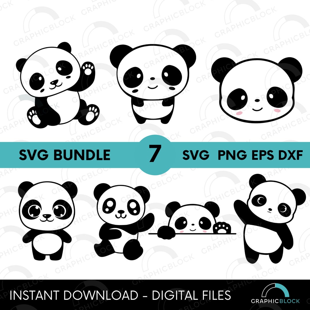 Cute Panda SVG Bundle, 7 Cut Files for Cricut Silhouette, Kawaii Panda ...