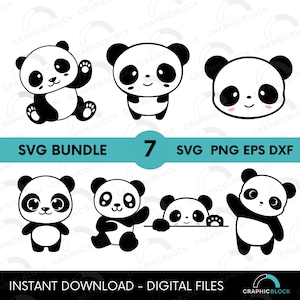 Schattige Panda SVG bundel, 7 gesneden bestanden voor Cricut silhouet, Kawaii Panda Vector Clipart Png Eps Dxf, Bear afdrukbare stickers, Instant Download