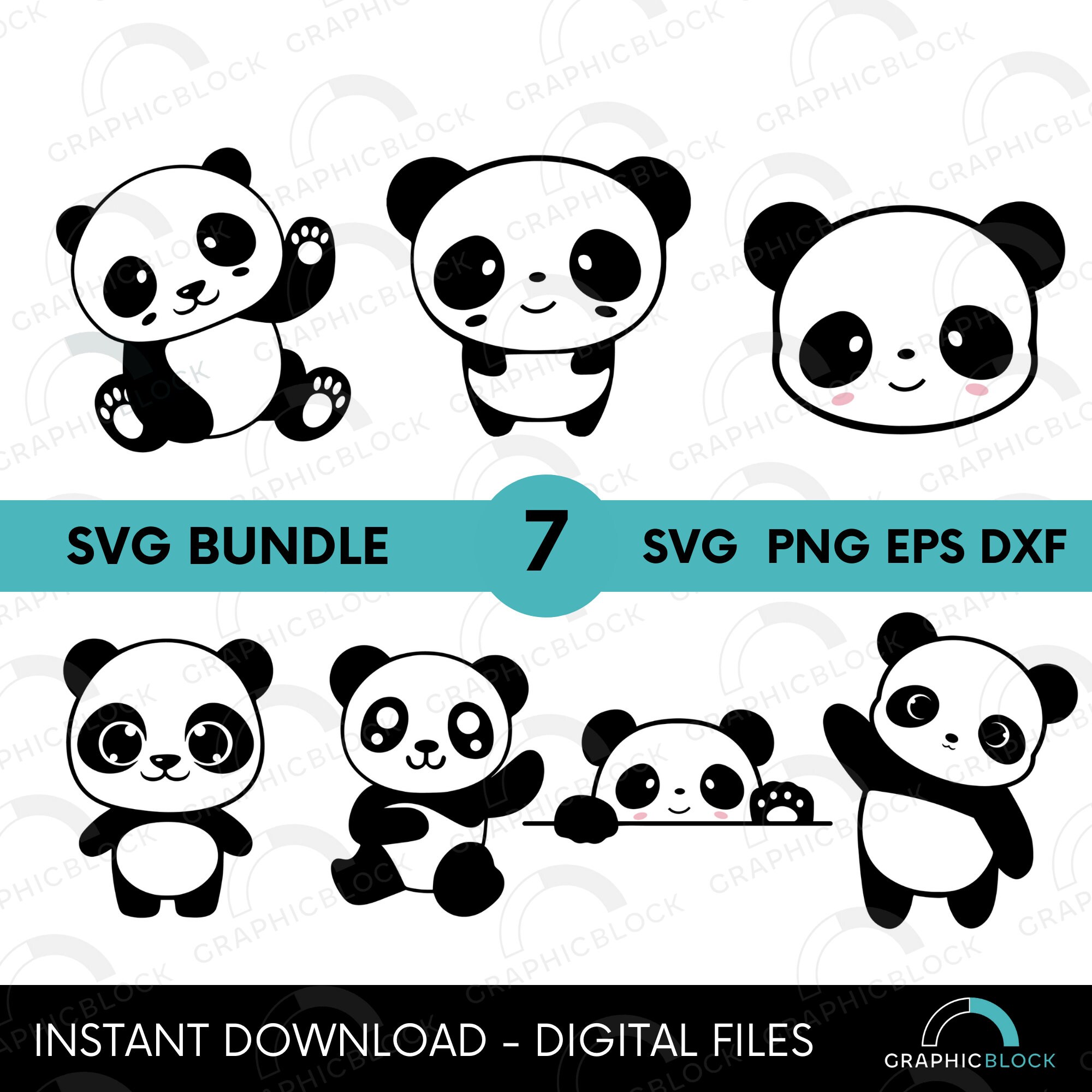 Cute Panda SVG Bundle, 7 Cut Files for Cricut Silhouette, Kawaii Panda ...