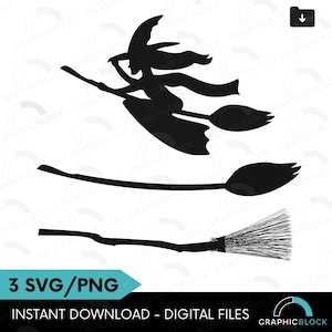 Witch Broom SVG Bundle, Halloween Flying Witch PNG Set, Broomstick Silhouette Outlines, Cricut Cut Files, Halloween Decor DIY Craft File