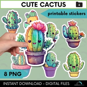Lindo paquete PNG de cactus, pegatinas imprimibles de cactus Kawaii, lindo cactus suculento planta clipart DIY Craft Cricut silueta corte de impresión
