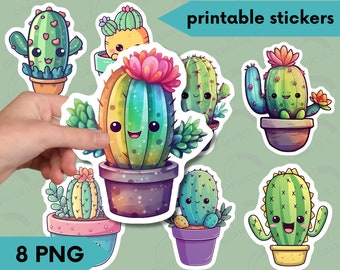 Cute Cactus PNG Bundle, Kawaii Cactus Printable Stickers, Cute Succulent Cacti Plant Clipart DIY Craft Cricut Silhouette Print Cut