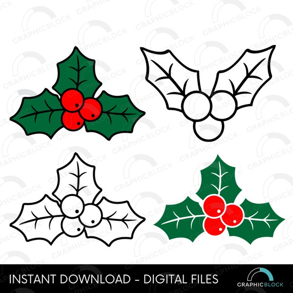 Christmas Holly SVG, Mistletoe Clip Art Cricut Silhouette Cut File, Winter Plant Vector Png Dxf Eps, Holly Berries Outline, Instant Download