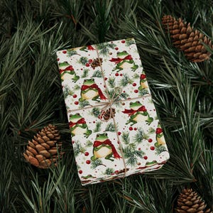 Festive Frog Wrapping Paper, Holiday Gift Wrap, Cute Animal Paper, Premium Paper Sheets, Fun Kid's Birthday, Unique Present Wrap image 1