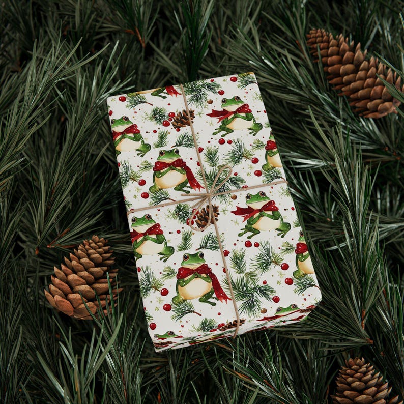 Festive Frog Wrapping Paper, Holiday Gift Wrap, Cute Animal Paper, Premium Paper Sheets, Fun Kid's Birthday, Unique Present Wrap image 1