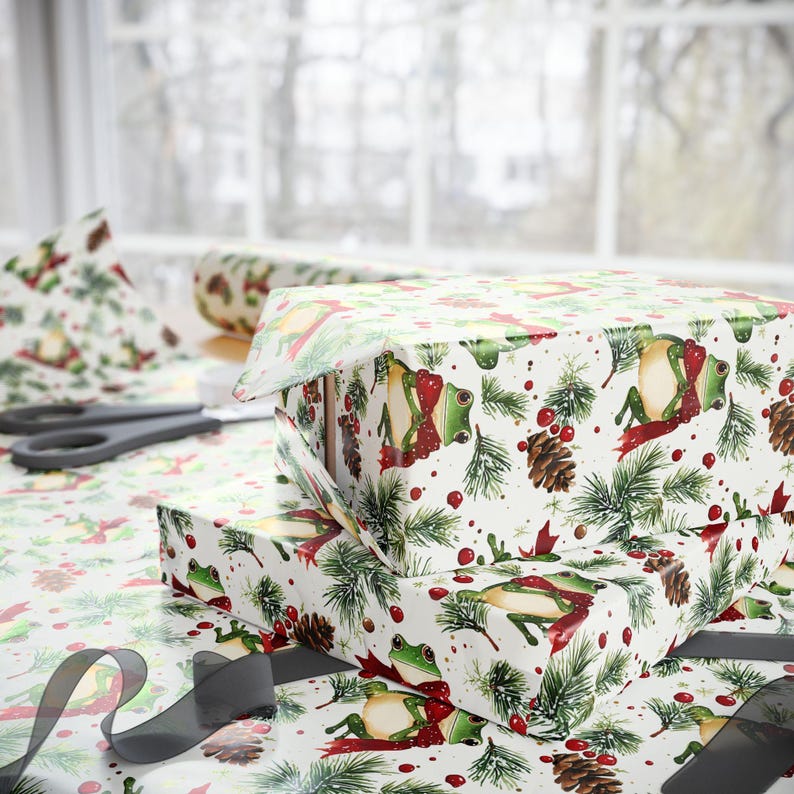 Festive Frog Wrapping Paper, Holiday Gift Wrap, Cute Animal Paper, Premium Paper Sheets, Fun Kid's Birthday, Unique Present Wrap image 4