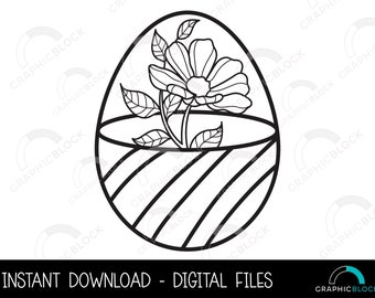 Floral Easter Egg SVG #2, Flower Egg PNG, Spring Vector Cricut Cut File Silhouette Eps Dxf, Easter Clip Art Black Outline, Digital Download