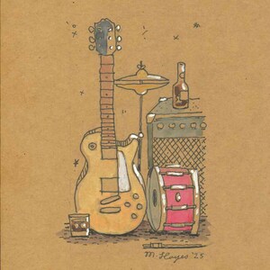 Può includere: Illustrazione di strumenti musicali tra cui una chitarra gialla, una batteria, un piatto e un amplificatore. Sono raffigurati anche una bottiglia e un bicchiere di liquido. L'opera è firmata "M. Hayes '25".