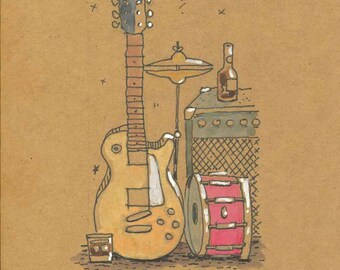 以下が含まれることがあります： 黄色いギター、ドラム、シンバル、アンプなどの楽器のイラスト。ボトルと液体が入ったグラスも描かれています。アートワークは「M. Hayes '25」と署名されています。