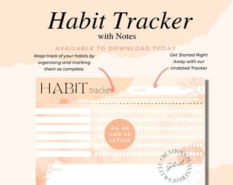 May include: A printable habit tracker with a peach background and a sun graphic. The tracker has space for notes and is available in A4 and A5 sizes. The text "HABIT tracker" is at the top of the page.