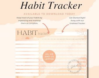 May include: A printable habit tracker with a peach background and a sun graphic. The tracker is labeled "HABIT tracker" and has a space for the month. The tracker is designed for A4 and US letter sizes.