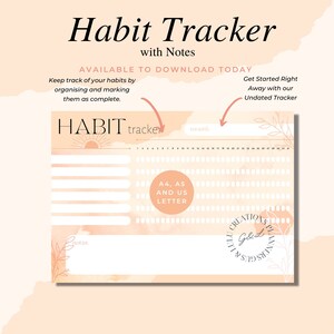 May include: A printable habit tracker with a peach background and a sun graphic. The tracker has space for notes and is available in A4 and A5 sizes. The text "HABIT tracker" is at the top of the page.