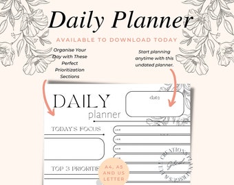 May include: A black and white printable daily planner with sections for today's focus, top 3 priorities, notes, and hourly time slots from 6 AM to 4 PM. The planner is available in A4 and A5 sizes.