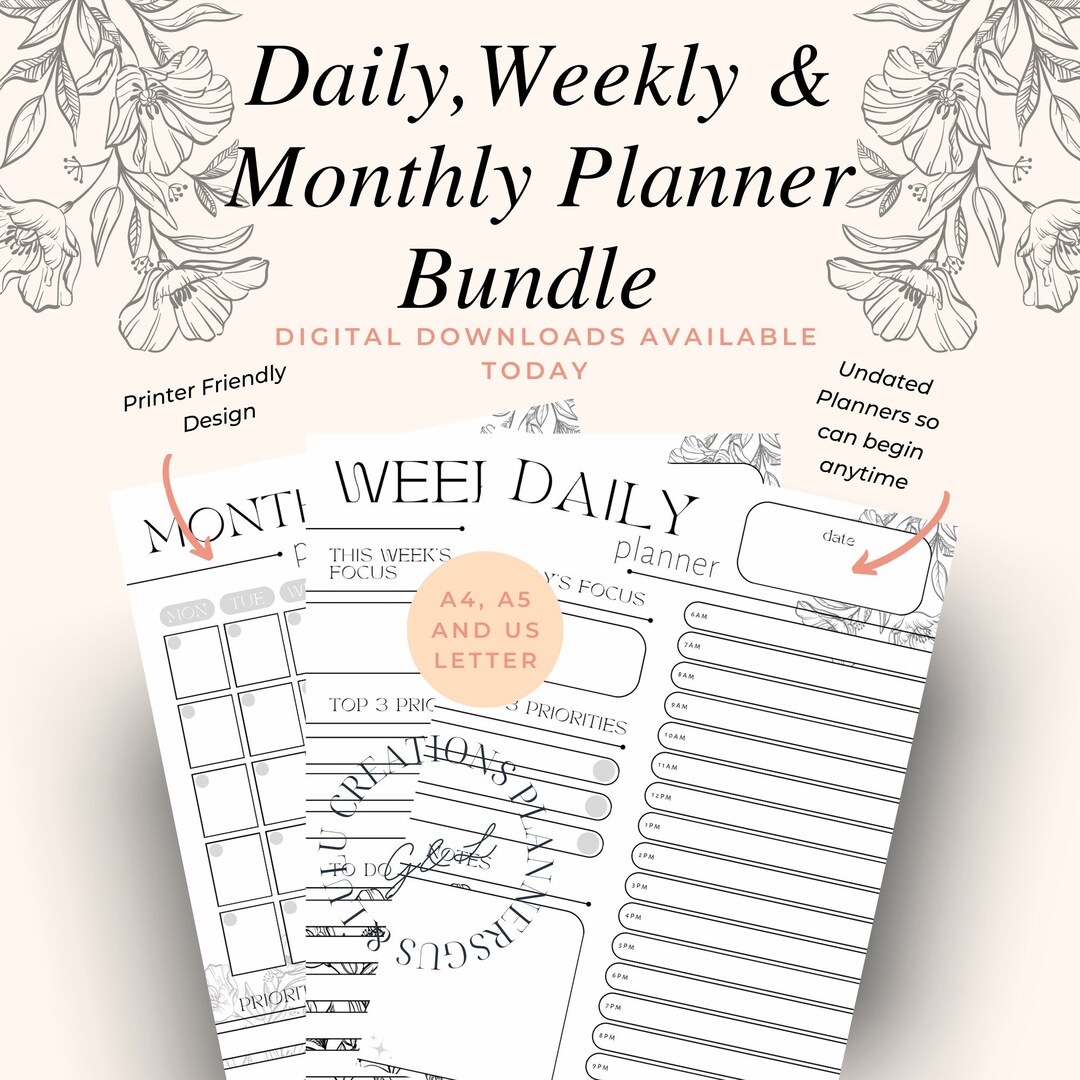 Daily, Weekly, Monthly Planner Printable Bundle, Planner PDF, Printable ...