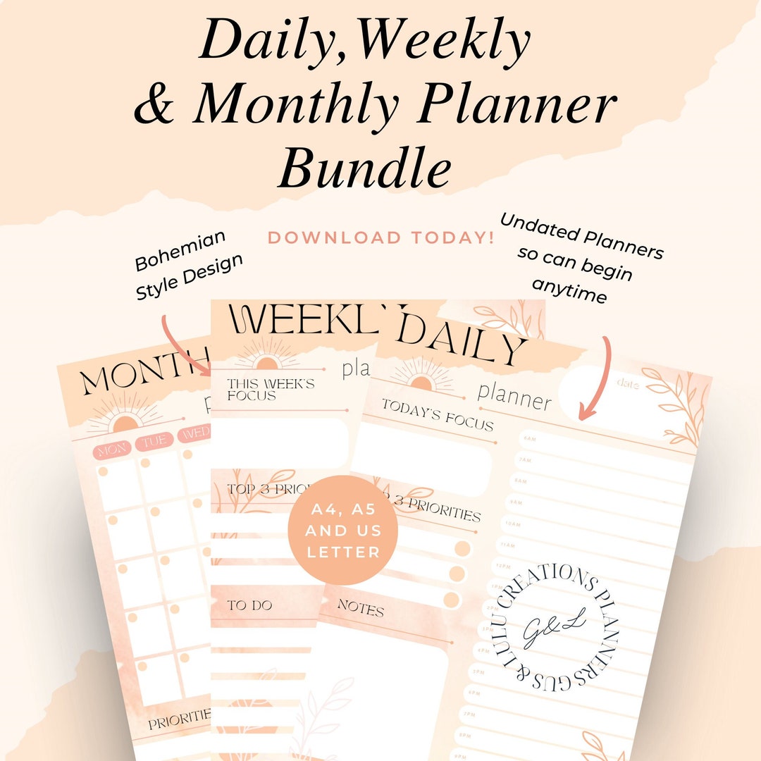 Daily, Weekly, Monthly Planner Printable Bundle, Planner PDF, Printable ...