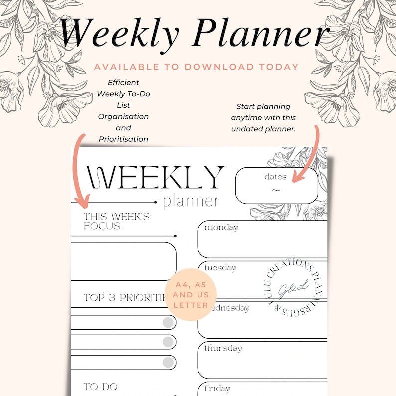 Organiser Weekly Rss Weekly Planner Printable, Weekly Planner PDF, Printable Organiser ...