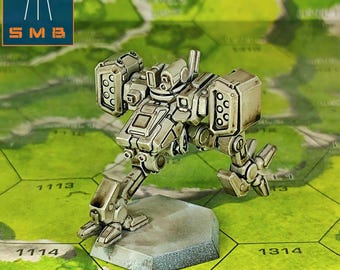 May include: A miniature bipedal robot figurine painted in shades of off-white and grey with dark weathering effects. The mechanical figure features two large shoulder-mounted missile pods, a central cockpit, and stands on a hexagonal base.