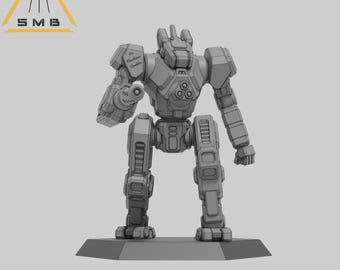May include: A gray, unpainted miniature robot figure standing on a hexagonal base. The mech features a central torso with three circular vents, a weaponized right arm, and a left arm with a closed fist. The text SMB appears in a yellow triangle.
