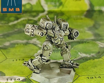 May include: A painted miniature robot figurine featuring a metallic silver finish with dark weathering details. The bipedal mech has a large cannon on its right arm, a missile launcher on its left shoulder, and stands on a hexagonal base.