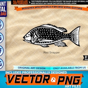 May include: Black and white vector illustration of a red snapper fish. The image is designed for easy vinyl cutting and includes a PNG file.
