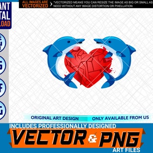 Dolphin Twin Heart Printable Full Color Logo Elemento di design grafico. SVG . EPS. PNG . Pdf Clipart Vector Art File