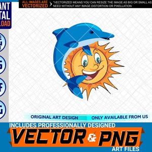 Dolphin Sun Printable Full Color Logo Elemento di design grafico. SVG . EPS. PNG . Pdf Clipart Vector Art File