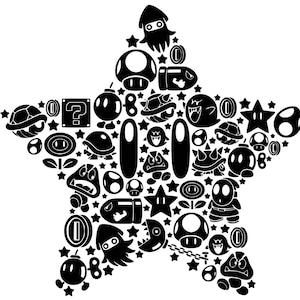 May include: A black and white star-shaped design filled with various iconic characters and symbols from the Super Mario video game series. Includes mushrooms, coins, stars, and other recognizable elements. A fun and playful design.