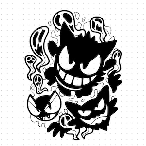May include: Black and white illustration of three cartoon ghosts with large eyes and toothy grins. The ghosts are surrounded by swirling lines and shapes.