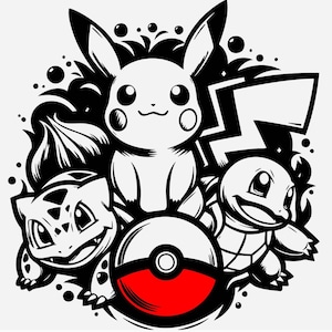 Könnte beinhalten: Schwarz-weiße Grafik mit Pikachu, Bisasam und Schiggy, mit einem rot-weißen Pokéball. Das Design enthält stilisierte Elemente wie Blitze und Blasen und erzeugt eine dynamische Komposition.