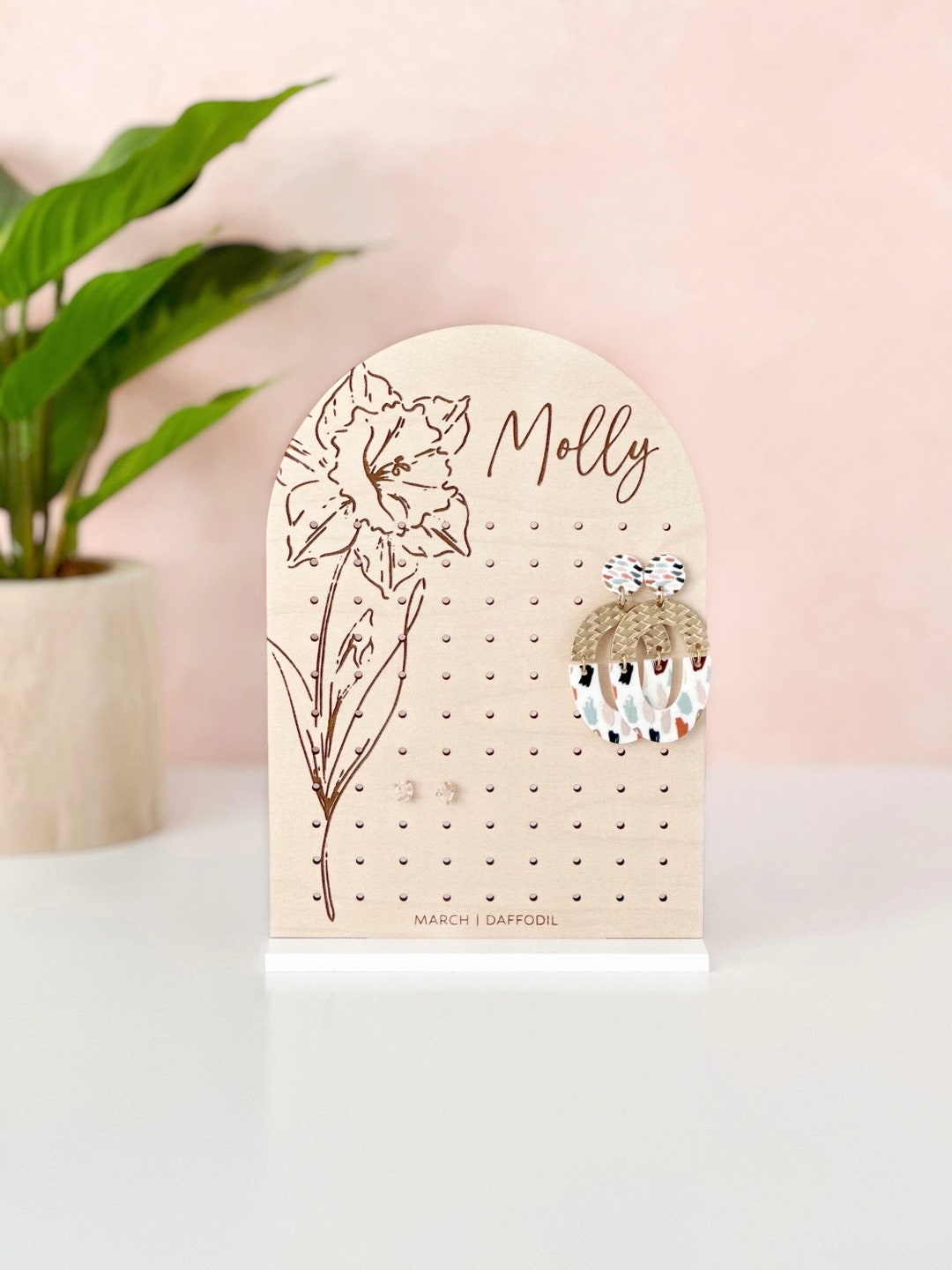 Personalized Earring Holder, Birth Month Flower Earring Stand, Stud