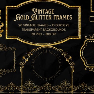 GOLD Glitter VINTAGE FRAMES, Instant Download, 30 png, Frame Clipart, Vintage Border Frames, Gold Frames, Vintage Frames, Vintage Borders