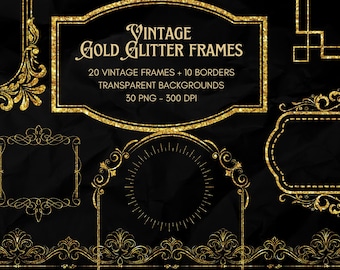 GOLD Glitter VINTAGE FRAMES, Instant Download, 30 png, Frame Clipart, Vintage Border Frames, Gold Frames, Vintage Frames, Vintage Borders