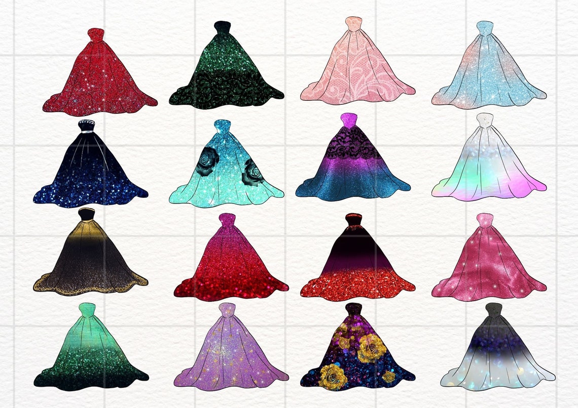 Glitter Dress Clipart, Instant Download, Watercolour Fashion Couture Clip Art, Glam Princess