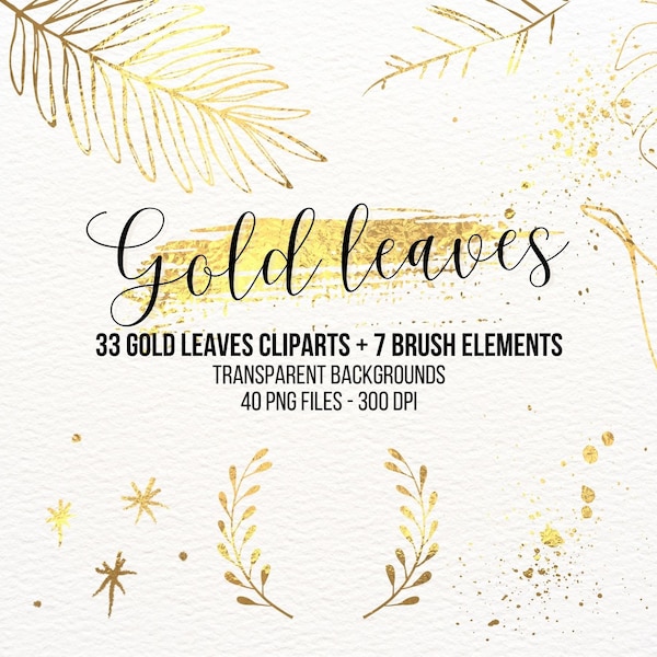 GOLD LEAVES PNG - Gold leaf clipart, Instant Download, 40 transparent files, Gold Botanical Elements, Leaf Clipart