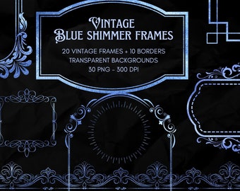 Blue Glitter VINTAGE FRAMES, Instant Download, 30 png, Frame Clipart, Vintage Border Frames, glitter Frames, Vintage Frame, Vintage Borders